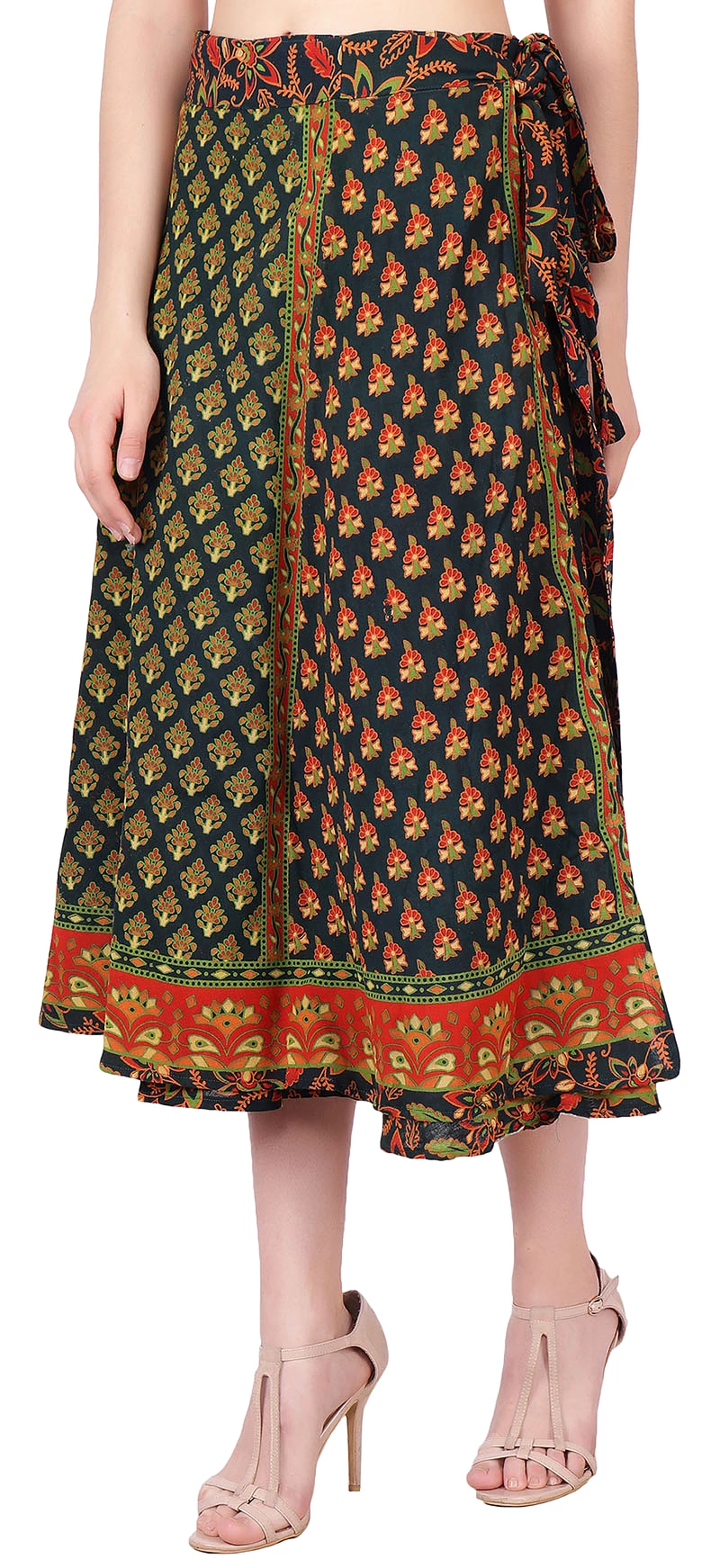 Block Printed Long Wrap Skirt Women's India Cotton (Green, One Size)