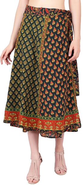 Block Printed Long Wrap Skirt Women's India Cotton (Green, One Size)