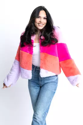 Colorblock Stripe Fur Jacket