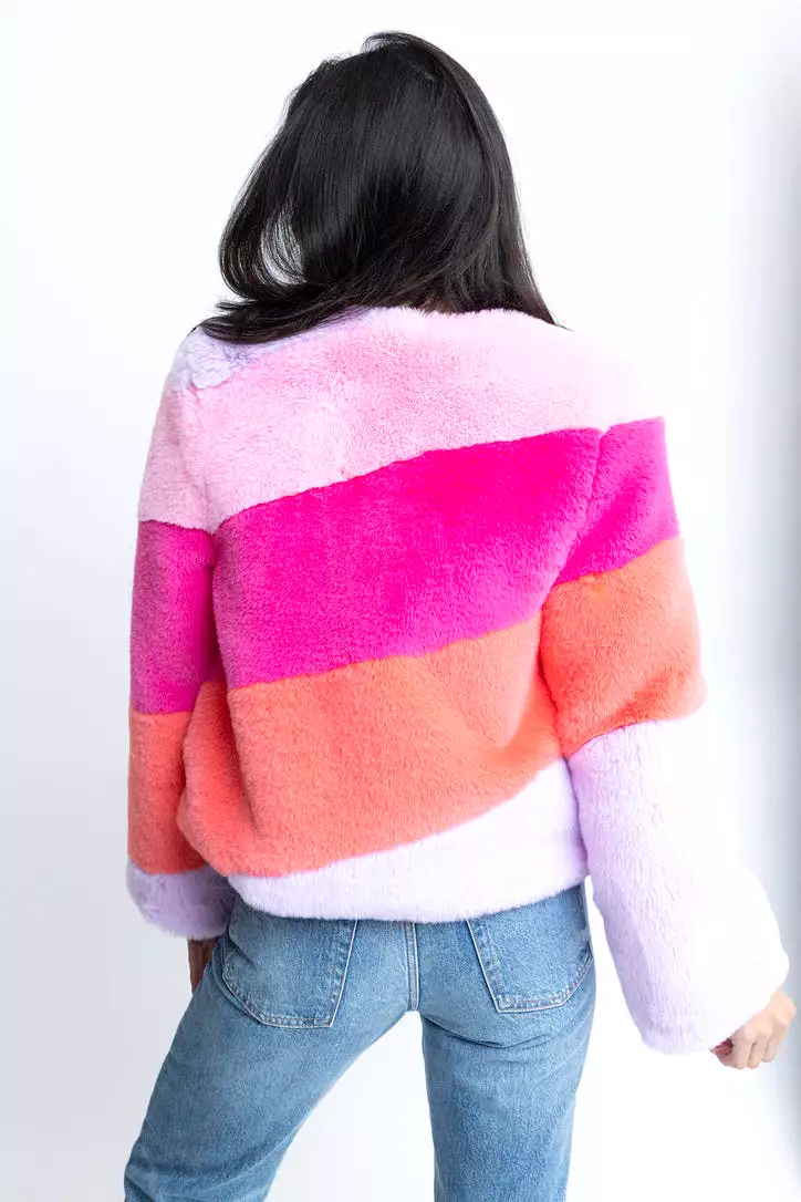 Colorblock Stripe Fur Jacket