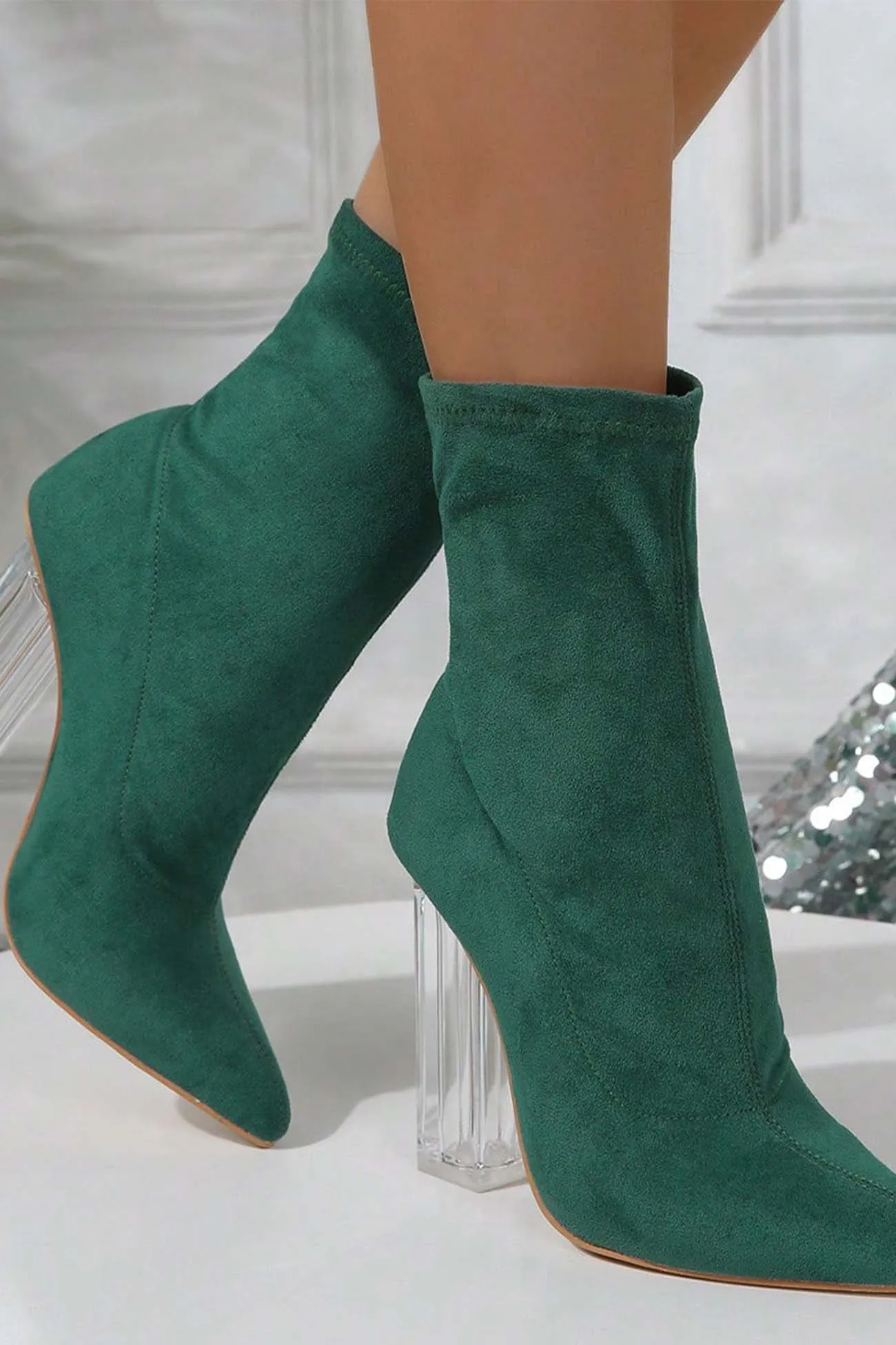 Crystal Heel Stretch Mid Calf Skinny Boots