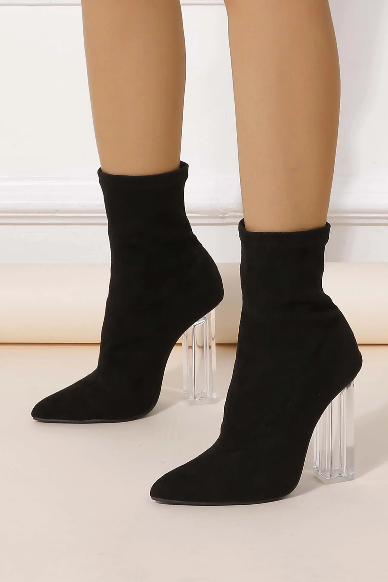 Crystal Heel Stretch Mid Calf Skinny Boots