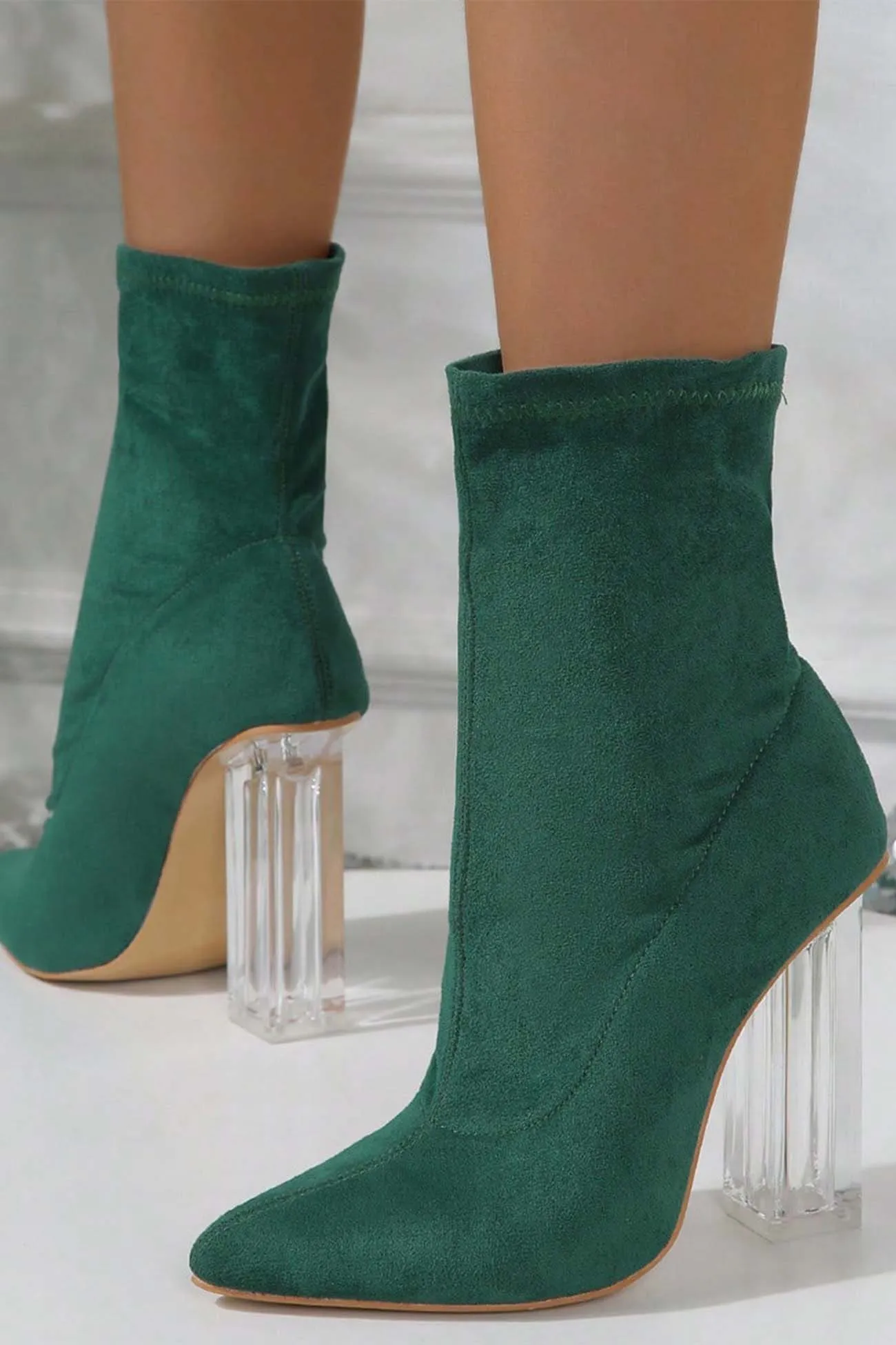 Crystal Heel Stretch Mid Calf Skinny Boots