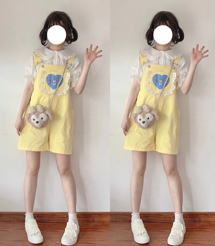 CUTE BUNNY EMBROIDERY CANDY OVERALLS SHORTS BY50096