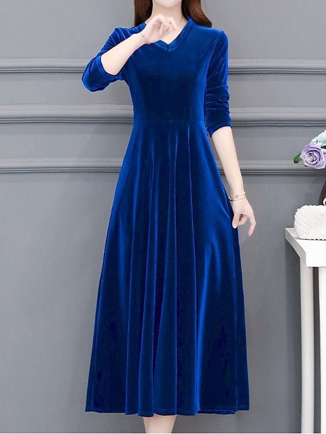 Elegant Velvet V-Neck Midi Dress with Ruched Detail