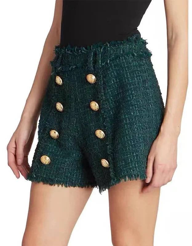 Green Gold Button Tweed Shorts