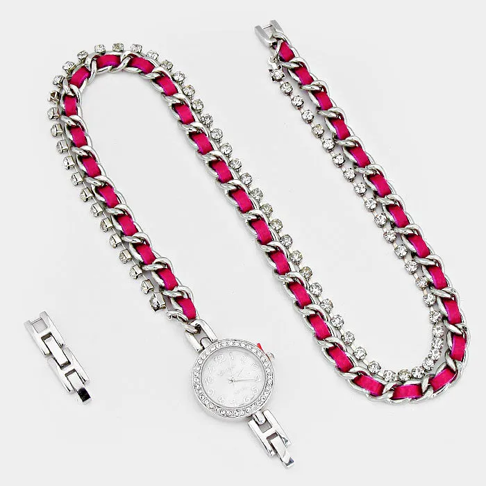 iLLASPARKZ Crystal Dial Leather Chain Wrap Watch