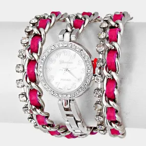 iLLASPARKZ Crystal Dial Leather Chain Wrap Watch