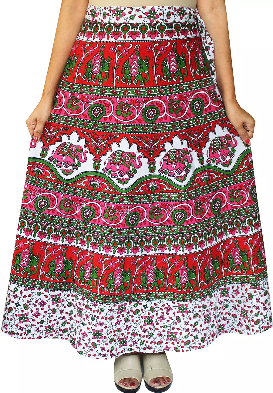 Indian Skirt Women's Cotton Printed Long Wrap Around Skirt (Red, One Size)