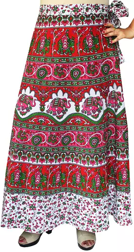 Indian Skirt Women's Cotton Printed Long Wrap Around Skirt (Red, One Size)