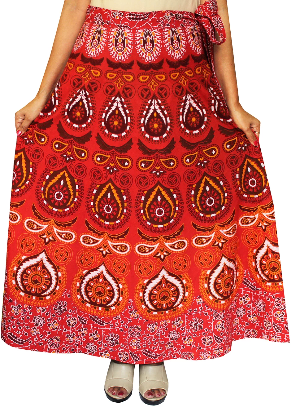 Indian Skirt Women's Cotton Printed Long Wrap Around Skirt (Red, One Size)