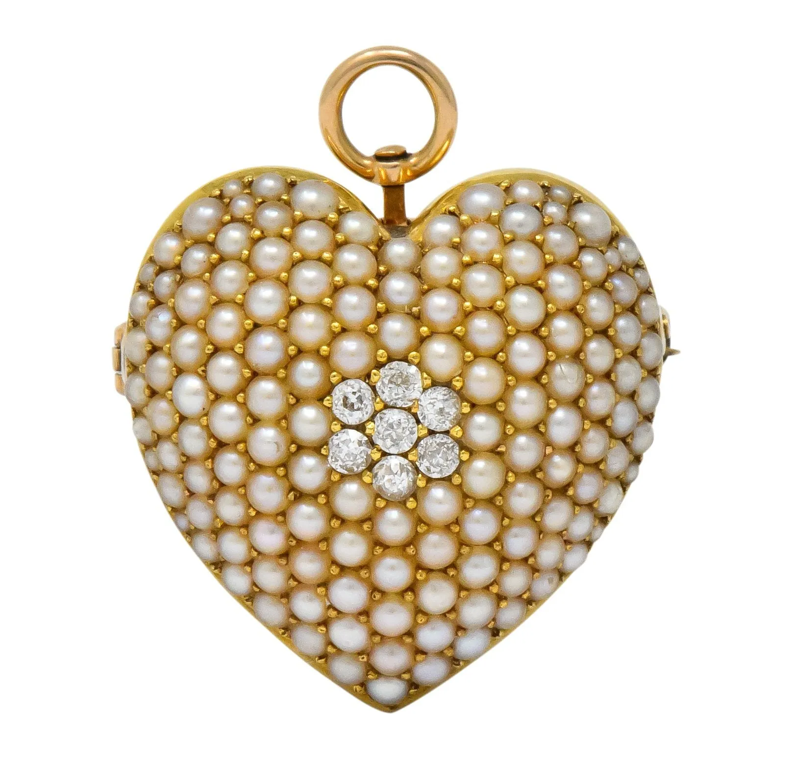 Krementz Late Victorian Diamond Seed Pearl 14 Karat Gold Heart Pendant Brooch