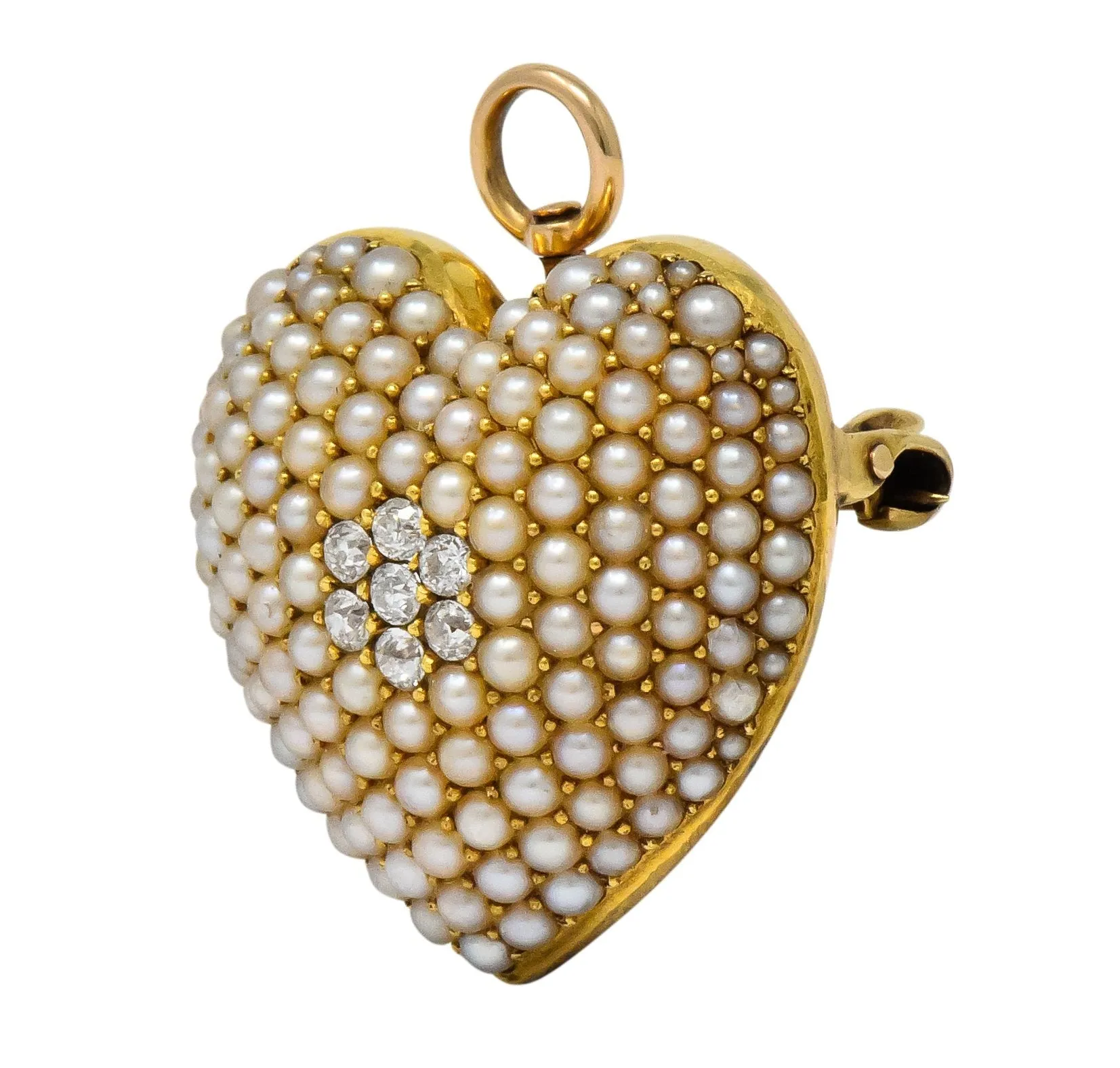 Krementz Late Victorian Diamond Seed Pearl 14 Karat Gold Heart Pendant Brooch