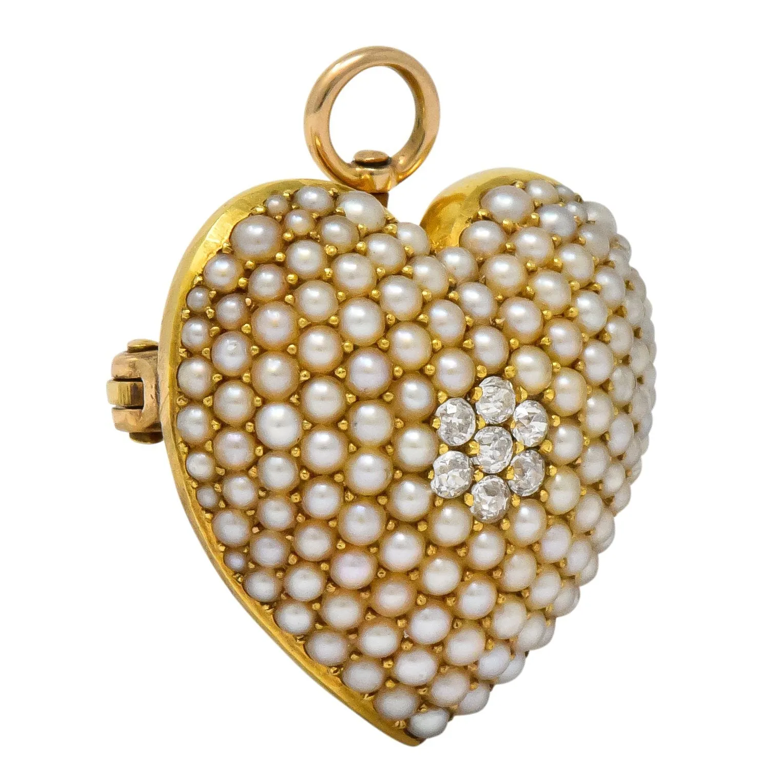 Krementz Late Victorian Diamond Seed Pearl 14 Karat Gold Heart Pendant Brooch