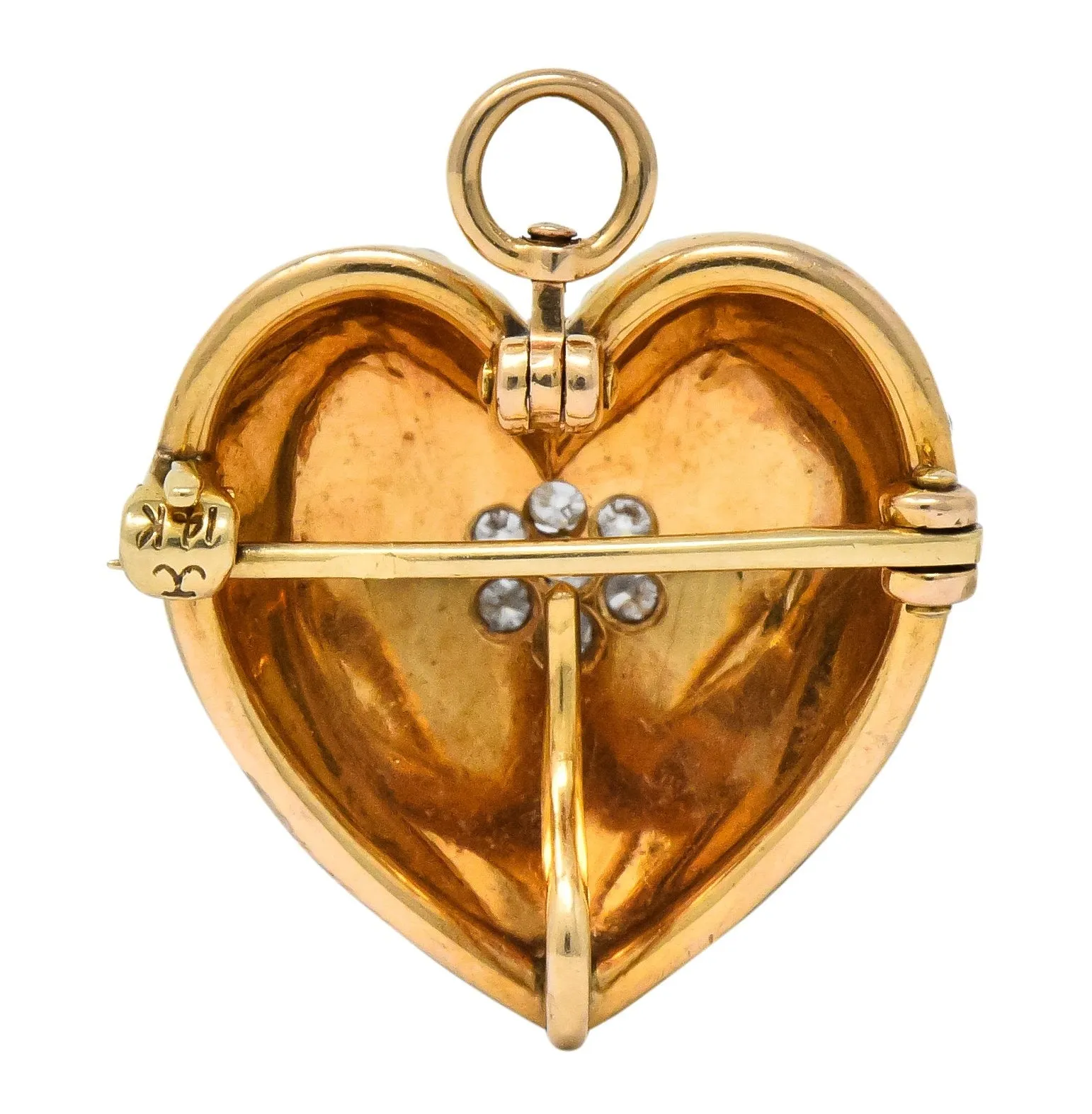 Krementz Late Victorian Diamond Seed Pearl 14 Karat Gold Heart Pendant Brooch