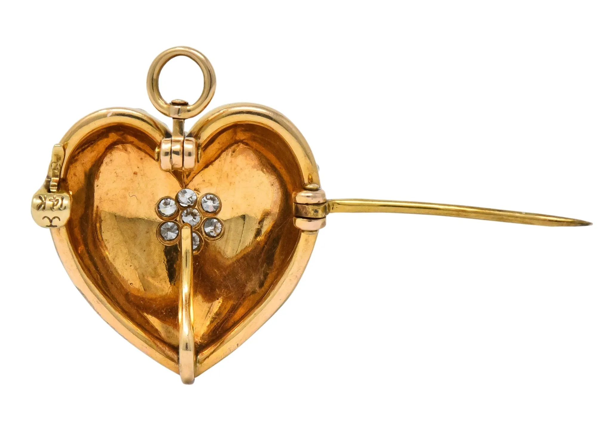 Krementz Late Victorian Diamond Seed Pearl 14 Karat Gold Heart Pendant Brooch