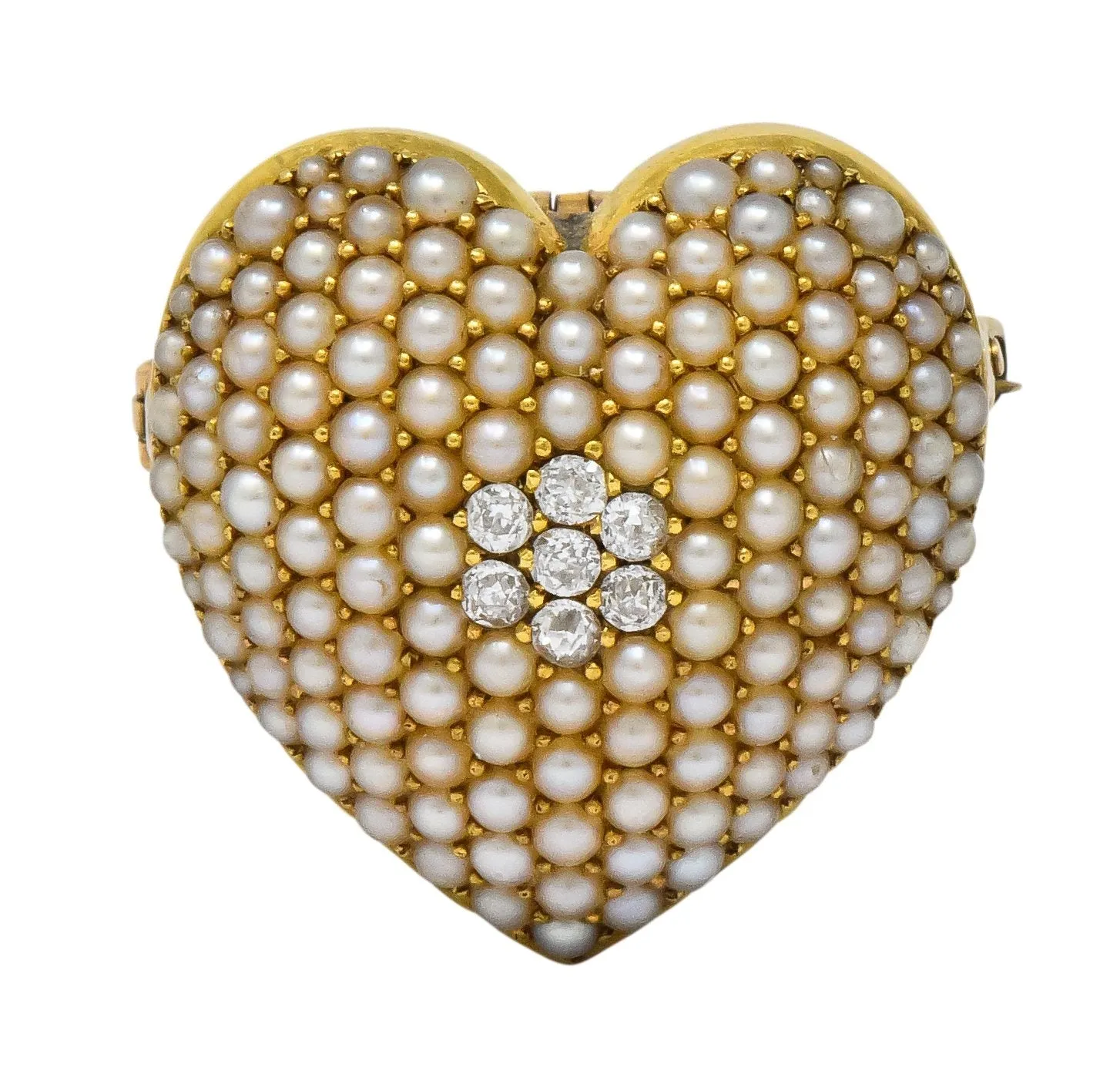 Krementz Late Victorian Diamond Seed Pearl 14 Karat Gold Heart Pendant Brooch