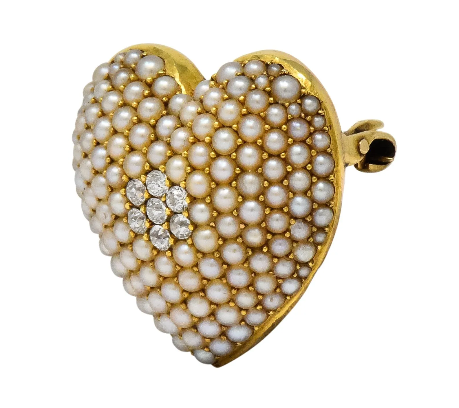 Krementz Late Victorian Diamond Seed Pearl 14 Karat Gold Heart Pendant Brooch