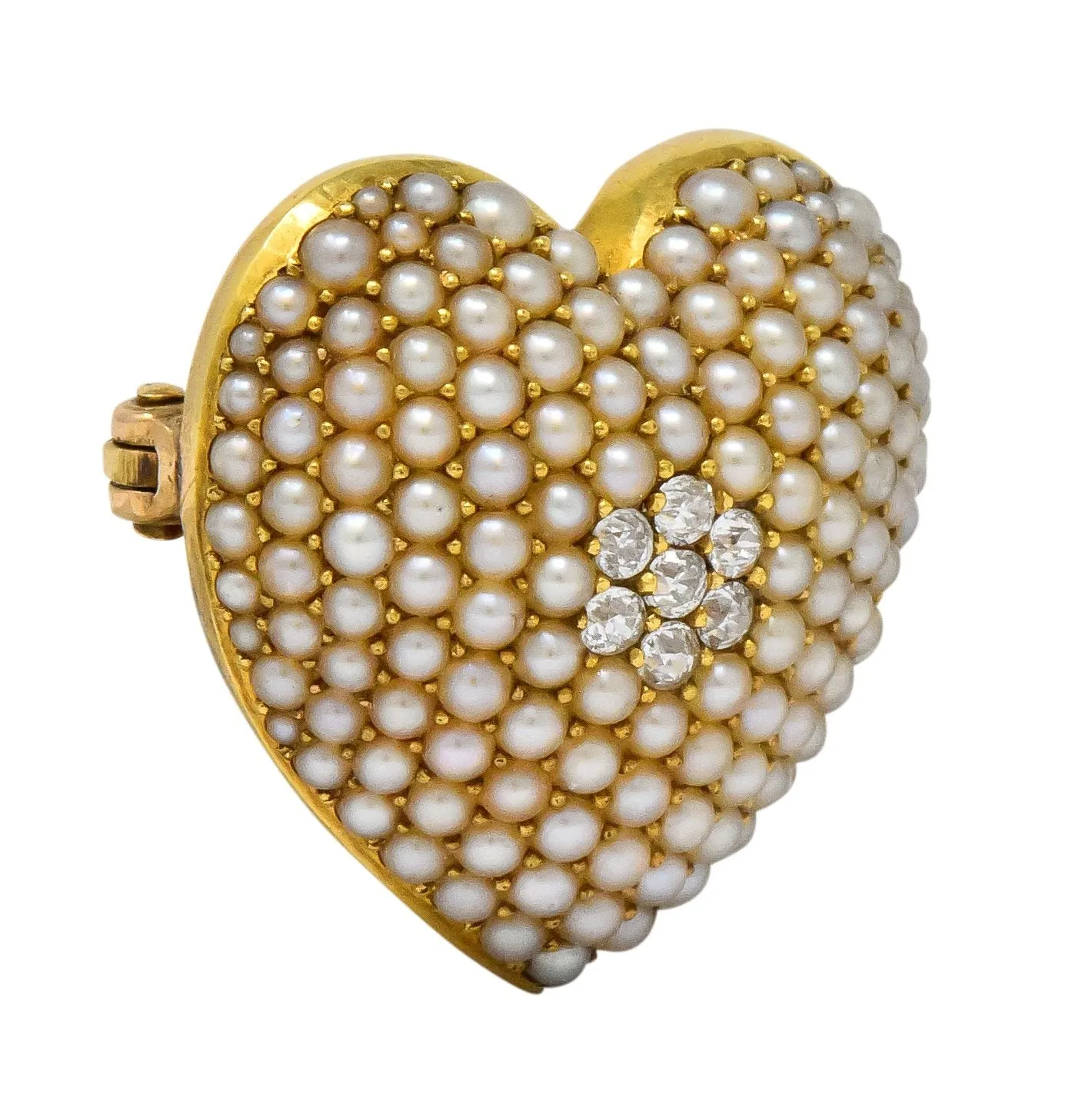 Krementz Late Victorian Diamond Seed Pearl 14 Karat Gold Heart Pendant Brooch