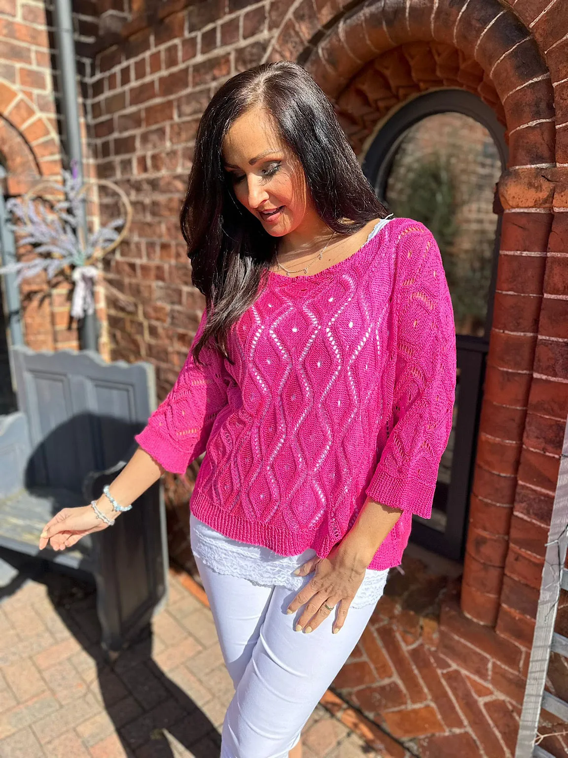 Lipstick Pink Crochet Patterned Batwing Knit Dolly