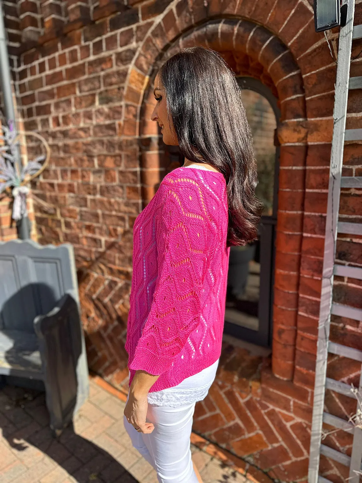 Lipstick Pink Crochet Patterned Batwing Knit Dolly