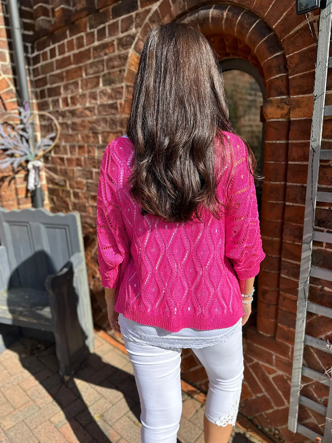 Lipstick Pink Crochet Patterned Batwing Knit Dolly