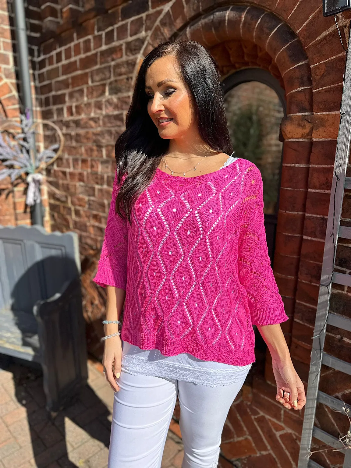 Lipstick Pink Crochet Patterned Batwing Knit Dolly