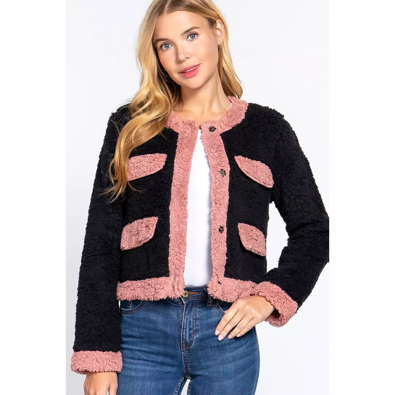 Long Sleeve Pocket Detail Faux Fur Jacket