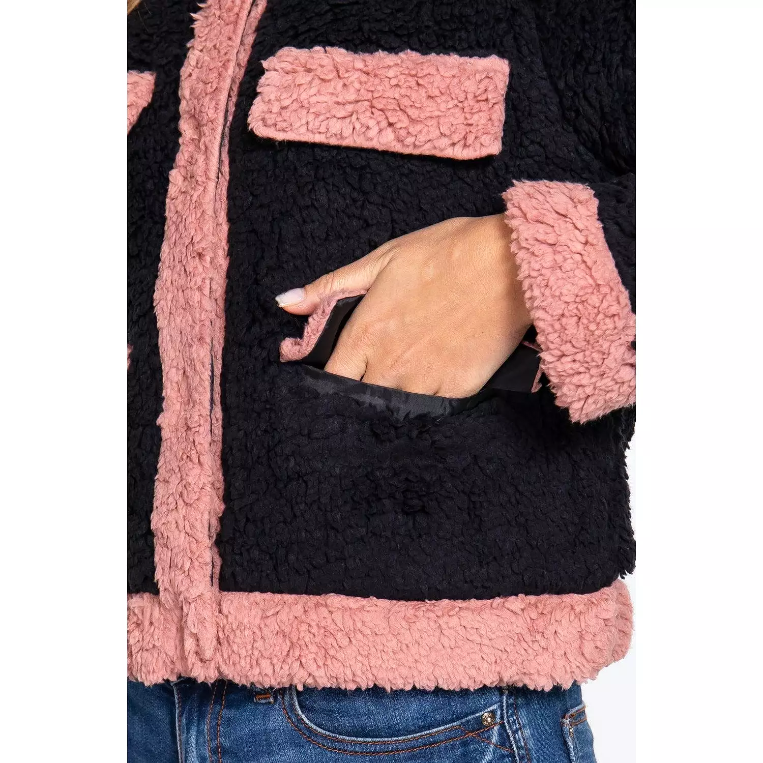 Long Sleeve Pocket Detail Faux Fur Jacket