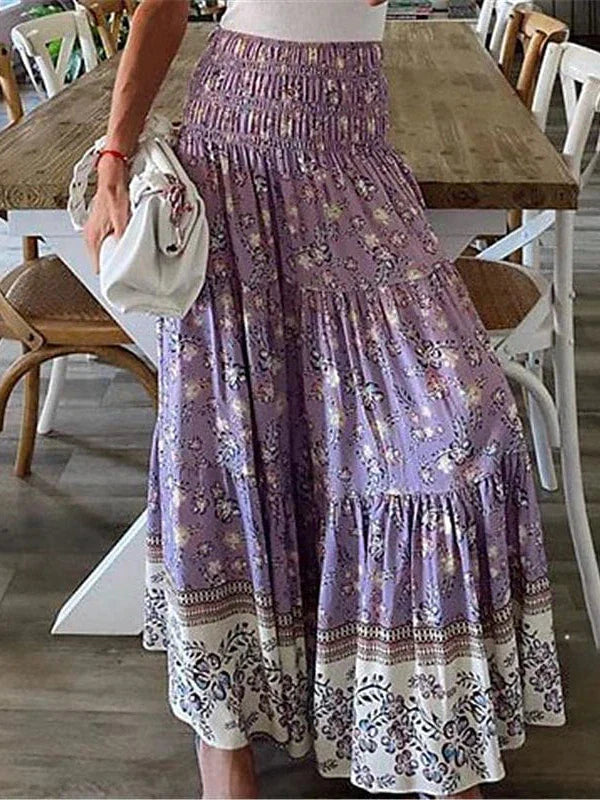 Maxi Floral Print Boho Denim Skirts for Women in Red Blue Purple Green for Office Career Vacation Spring Summer S M L