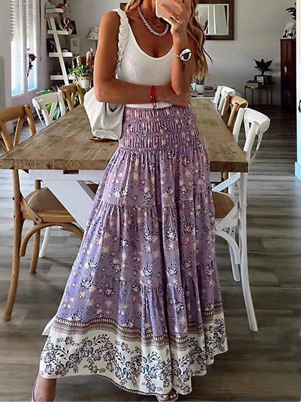 Maxi Floral Print Boho Denim Skirts for Women in Red Blue Purple Green for Office Career Vacation Spring Summer S M L