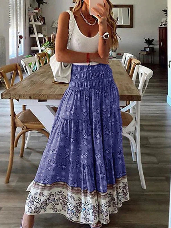 Maxi Floral Print Boho Denim Skirts for Women in Red Blue Purple Green for Office Career Vacation Spring Summer S M L