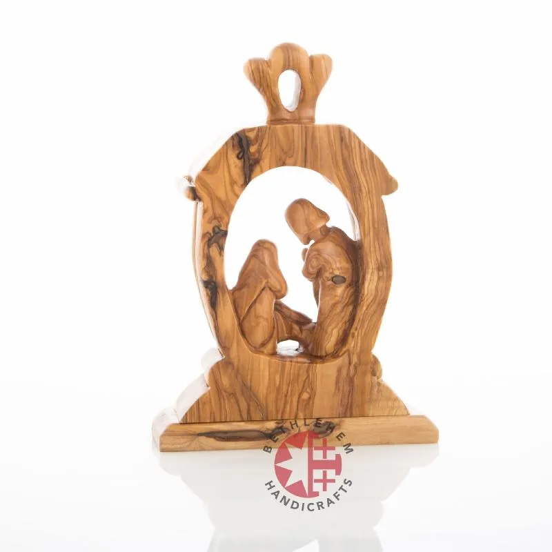 Nativity Scene with The Holy Family, 9.4 Olive Wood Carving from Holy Land, Abstract Christmas Standing Ornament