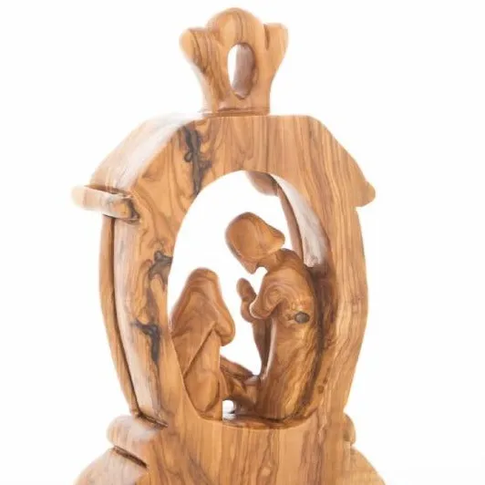 Nativity Scene with The Holy Family, 9.4 Olive Wood Carving from Holy Land, Abstract Christmas Standing Ornament