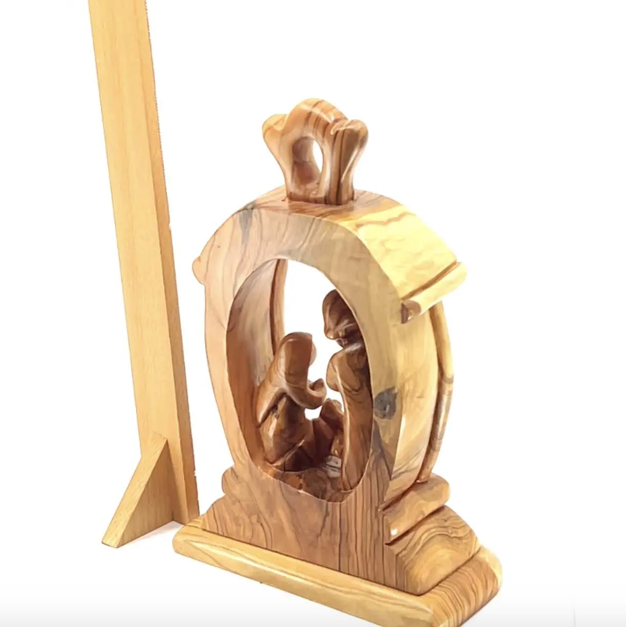 Nativity Scene with The Holy Family, 9.4 Olive Wood Carving from Holy Land, Abstract Christmas Standing Ornament