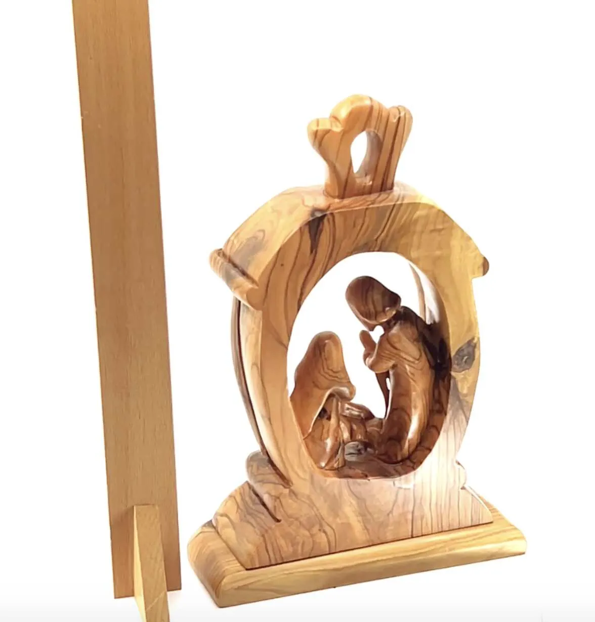 Nativity Scene with The Holy Family, 9.4 Olive Wood Carving from Holy Land, Abstract Christmas Standing Ornament