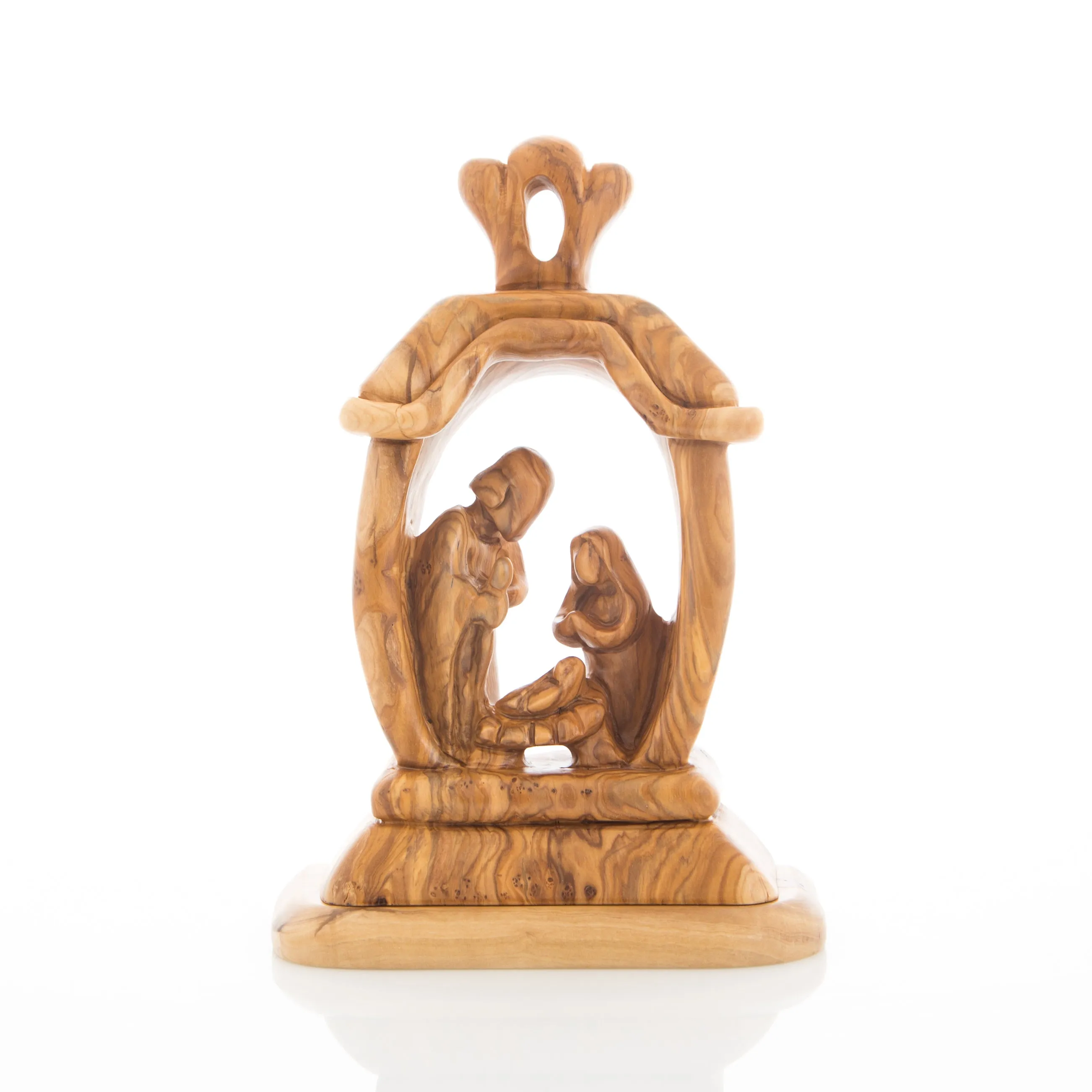 Nativity Scene with The Holy Family, 9.4 Olive Wood Carving from Holy Land, Abstract Christmas Standing Ornament