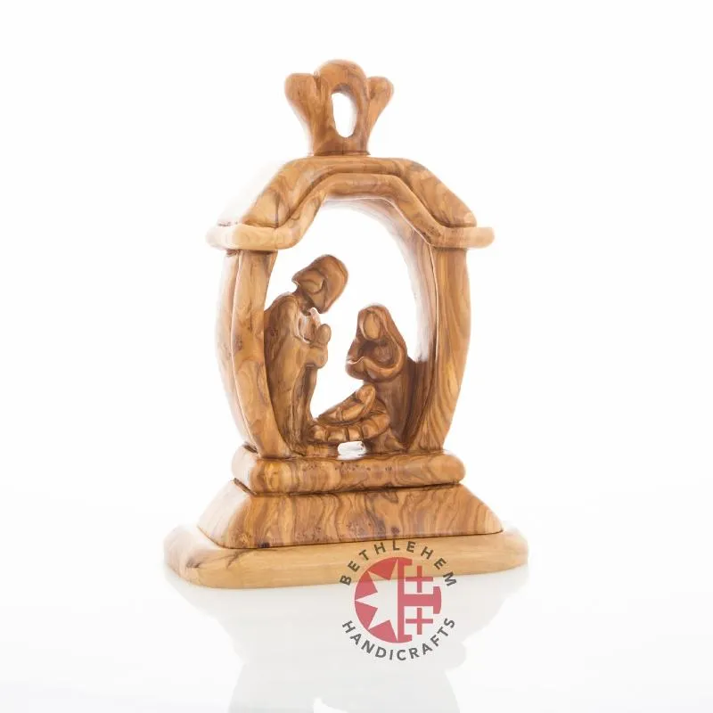 Nativity Scene with The Holy Family, 9.4 Olive Wood Carving from Holy Land, Abstract Christmas Standing Ornament