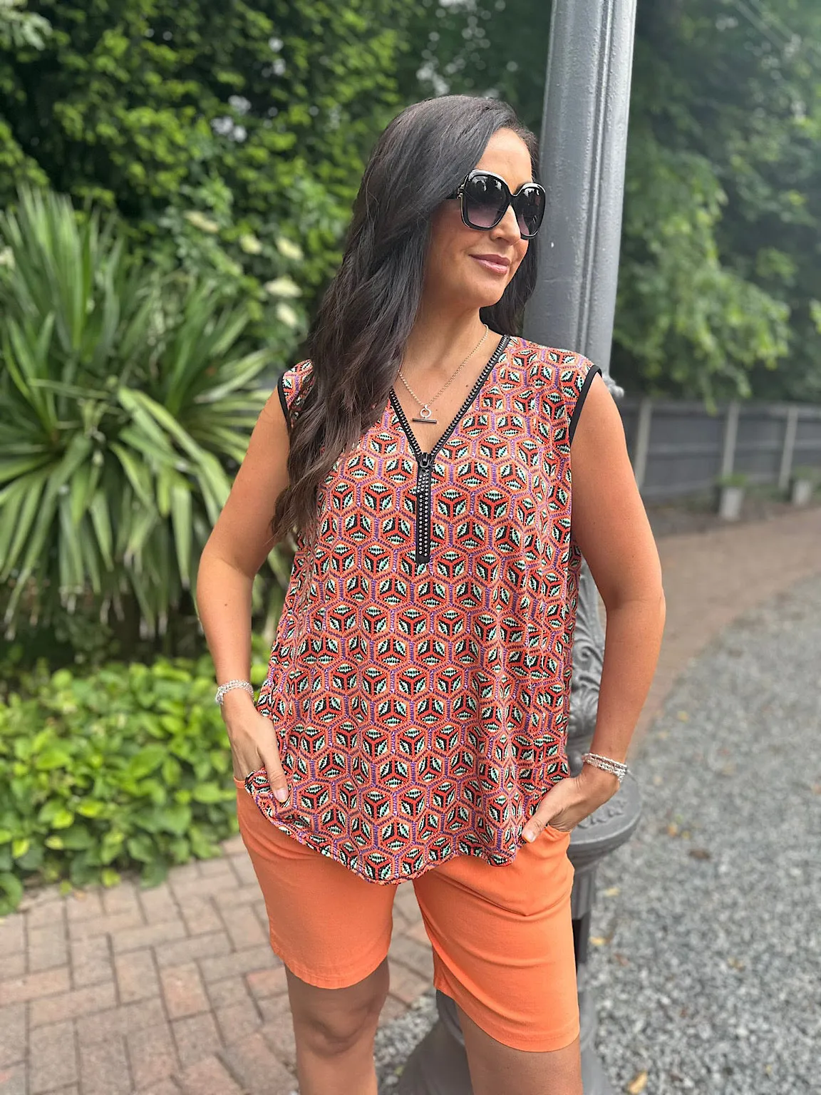 Orange Hexagonal Patterned Zip Vest Top Cassie