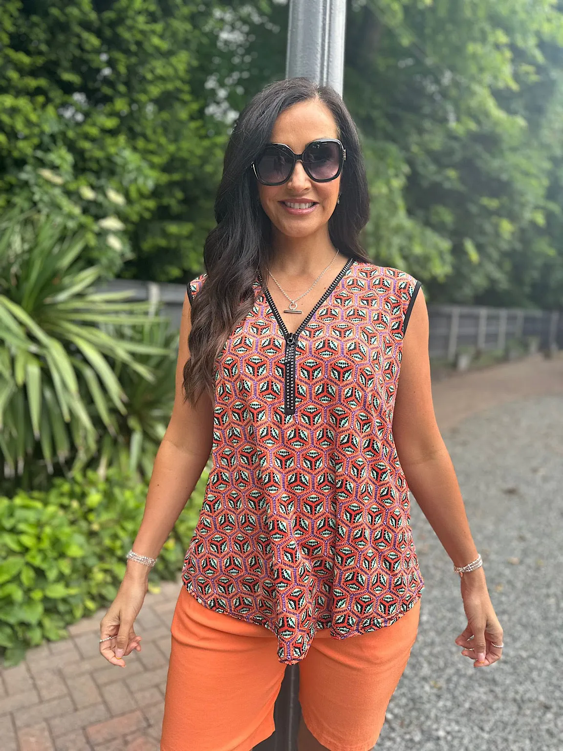 Orange Hexagonal Patterned Zip Vest Top Cassie