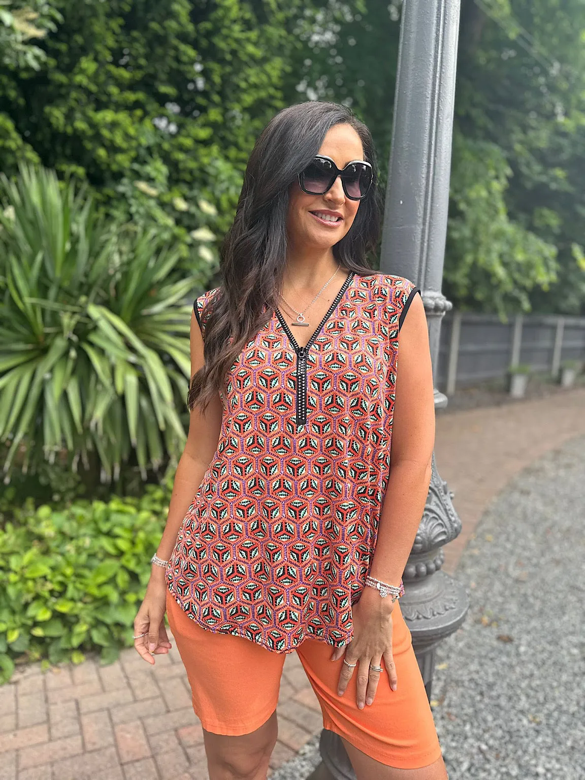 Orange Hexagonal Patterned Zip Vest Top Cassie