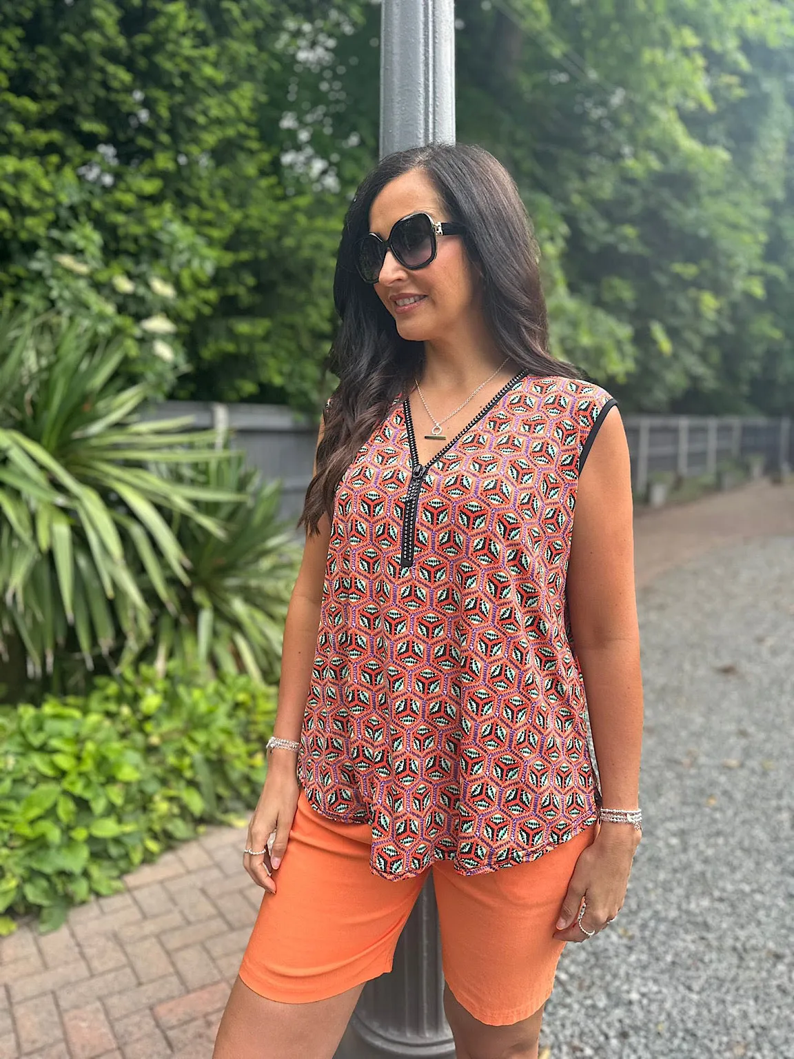 Orange Hexagonal Patterned Zip Vest Top Cassie