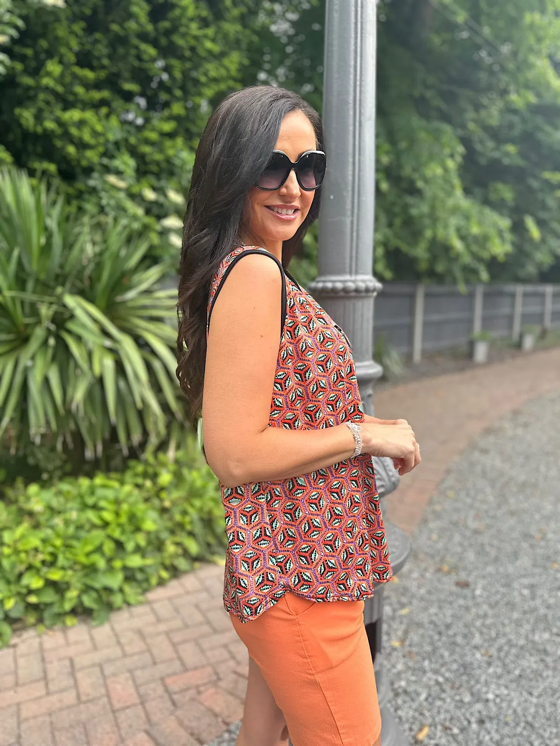 Orange Hexagonal Patterned Zip Vest Top Cassie