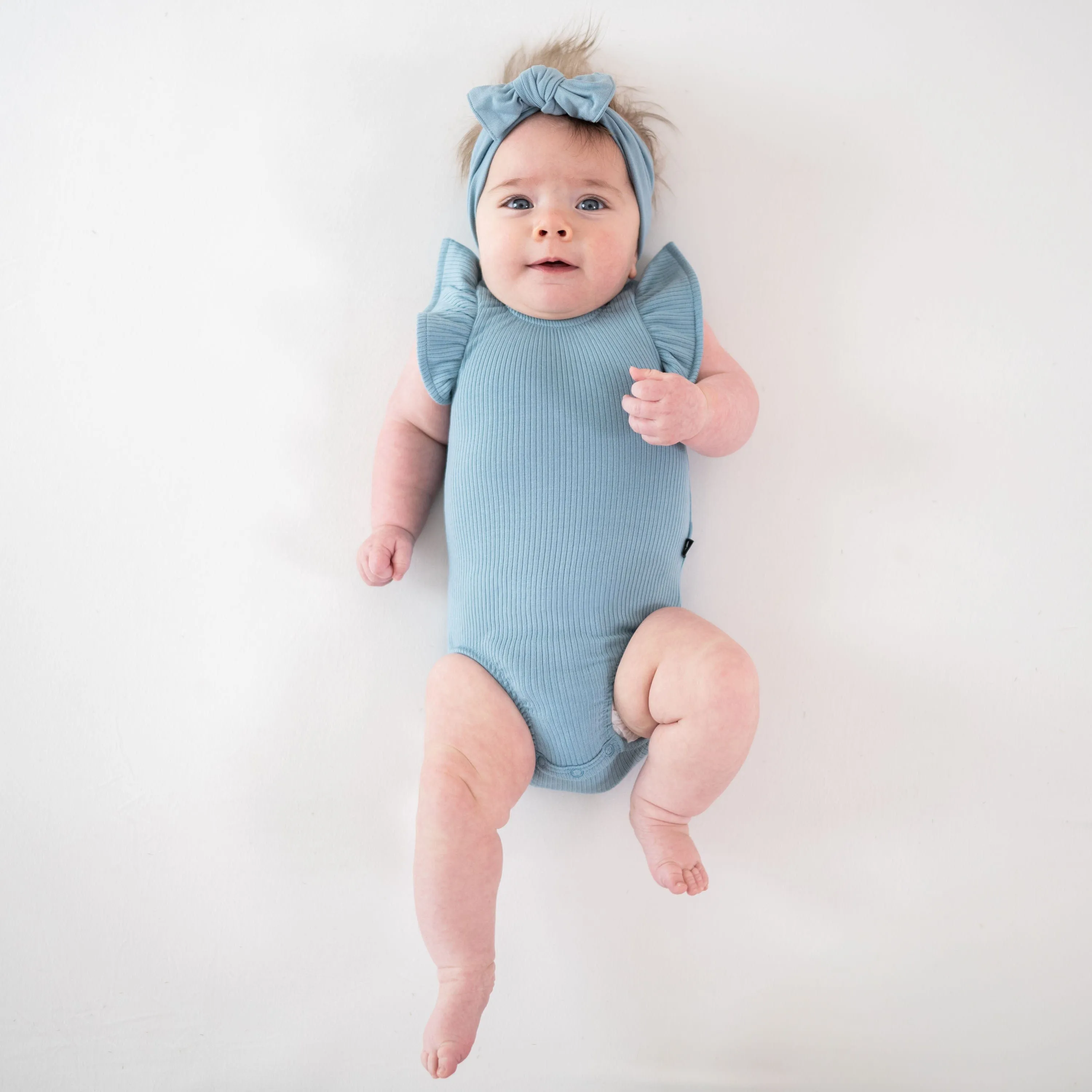 Ribbed Sleeveless Ruffle Leotard in Dusty Blue