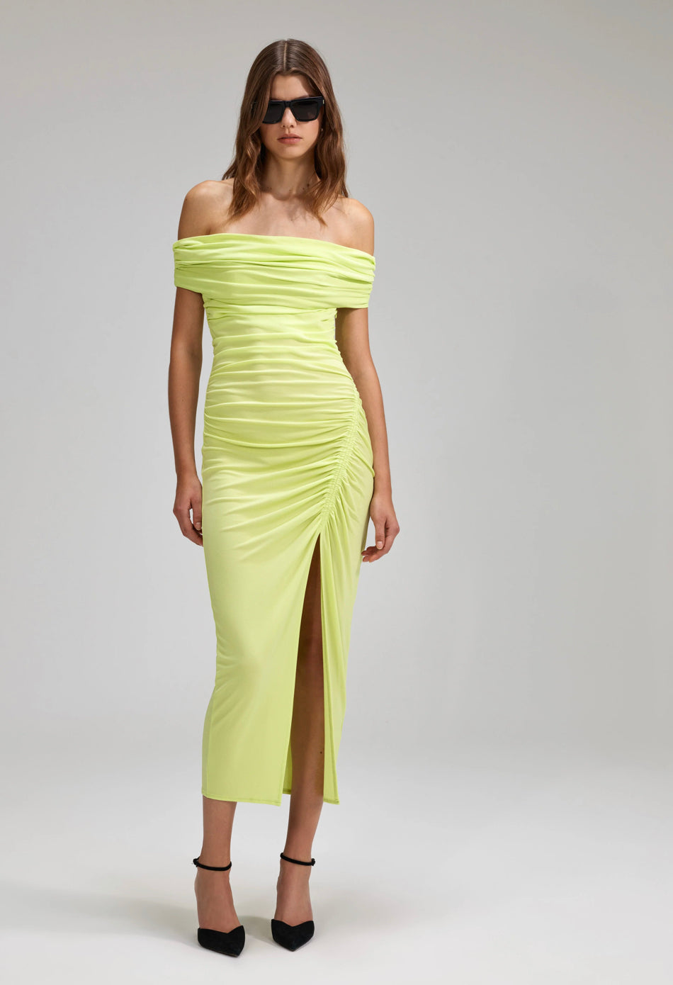 Self- Portrait - Lime Jersey Off Shoulder Midi Dress - Green