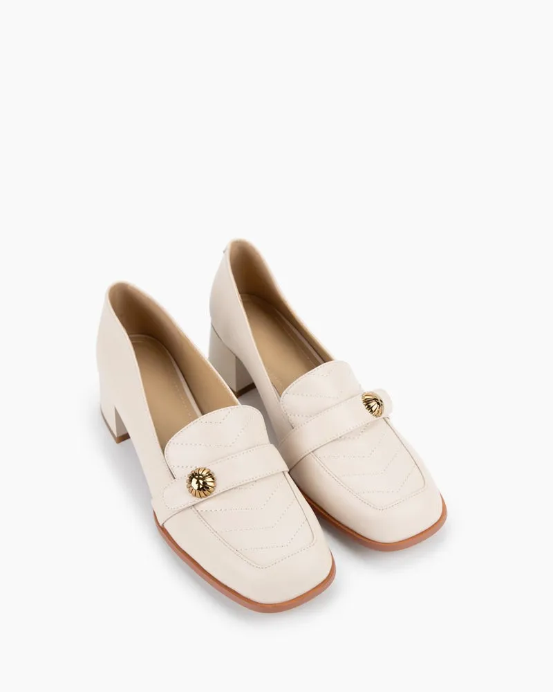 Square Toe Comfortable Leather Low Block Heel Loafers