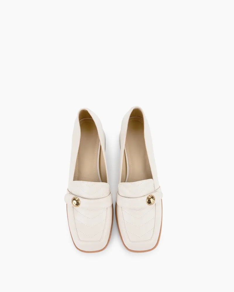 Square Toe Comfortable Leather Low Block Heel Loafers