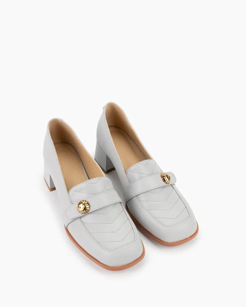 Square Toe Comfortable Leather Low Block Heel Loafers