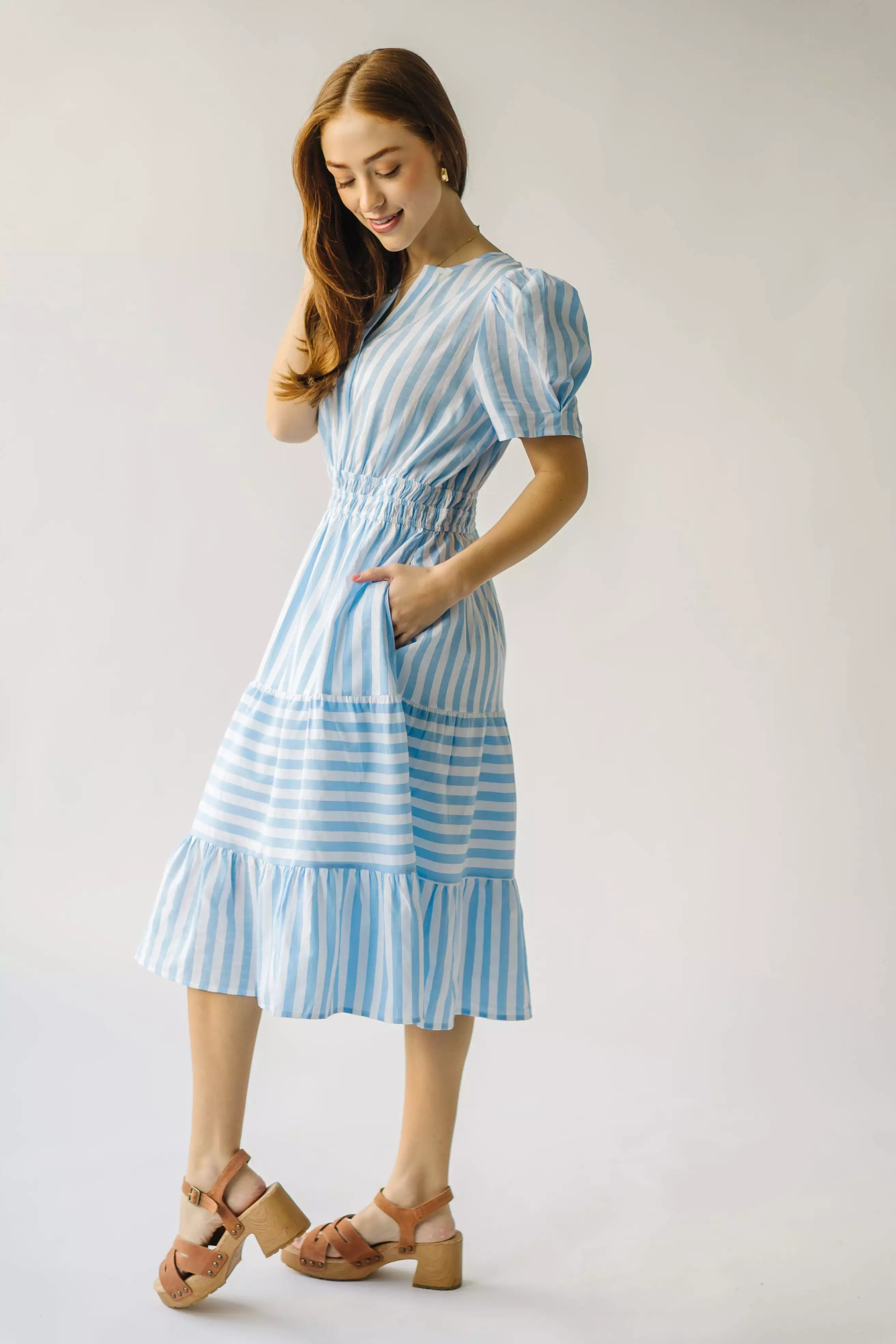 The Breinholt Tiered Dress in Blue Stripe