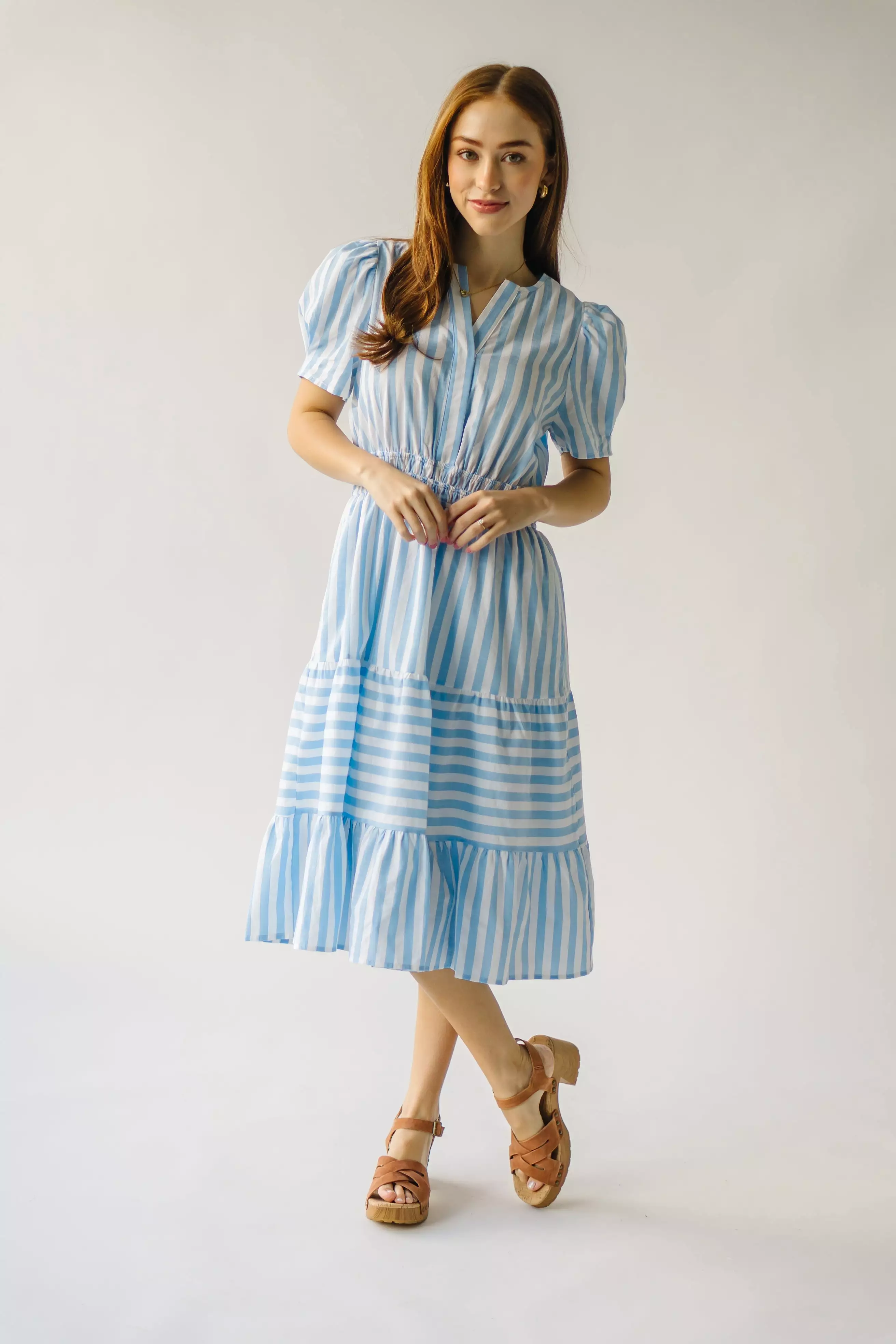 The Breinholt Tiered Dress in Blue Stripe